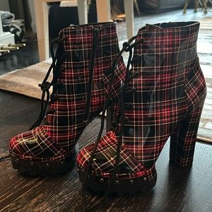Jessica Simpson Irella Plaid Print Patent Studded Platform Lug Sole Hiker Bootie